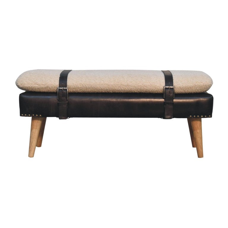 HomeRoots 35 Inch Boucle and Genuine Leather Upholstered Bench with Solid Wood Base 723431