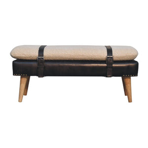 35 Inch Boucle and Genuine Leather Upholstered Bench with Solid Wood Base