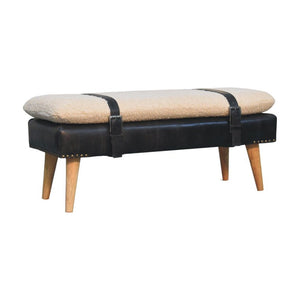 35 Inch Boucle and Genuine Leather Upholstered Bench with Solid Wood Base