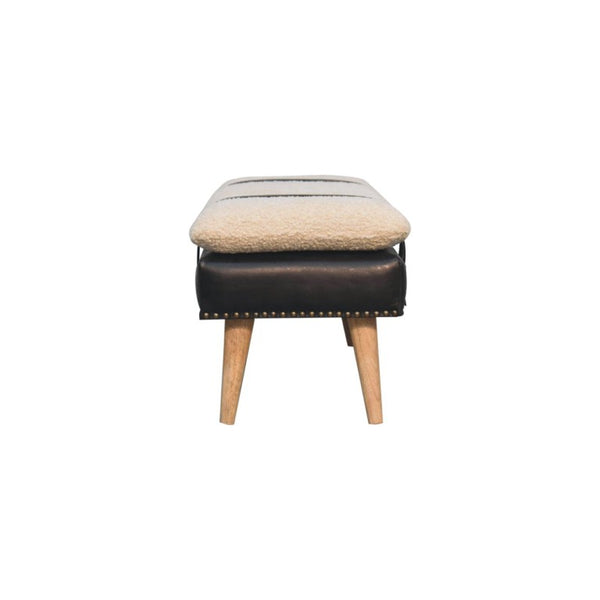 35 Inch Boucle and Genuine Leather Upholstered Bench with Solid Wood Base