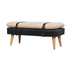 35 Inch Boucle and Genuine Leather Upholstered Bench with Solid Wood Base