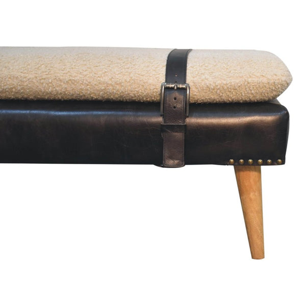 35 Inch Boucle and Genuine Leather Upholstered Bench with Solid Wood Base
