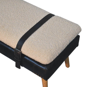 35 Inch Boucle and Genuine Leather Upholstered Bench with Solid Wood Base