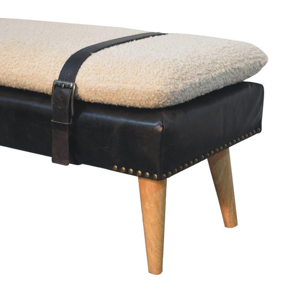 35 Inch Boucle and Genuine Leather Upholstered Bench with Solid Wood Base