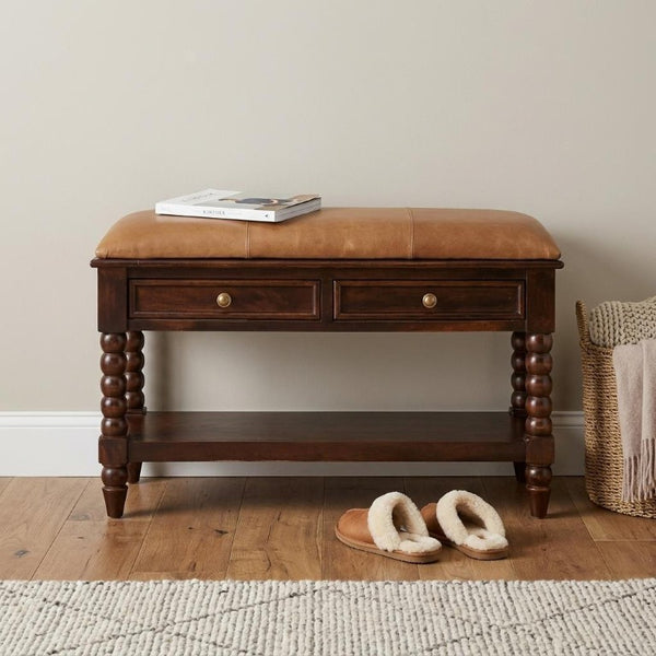 35 Inch Genuine Leather Storage Bench Solid Wood Frame Drawers Shelves Entryway