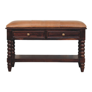 35 Inch Genuine Leather Storage Bench Solid Wood Frame Drawers Shelves Entryway