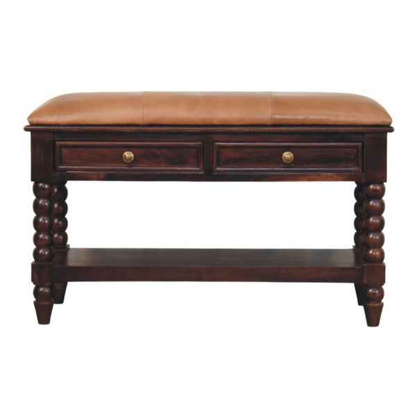 35 Inch Genuine Leather Storage Bench Solid Wood Frame Drawers Shelves Entryway