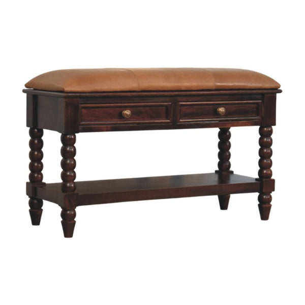 35 Inch Genuine Leather Storage Bench Solid Wood Frame Drawers Shelves Entryway