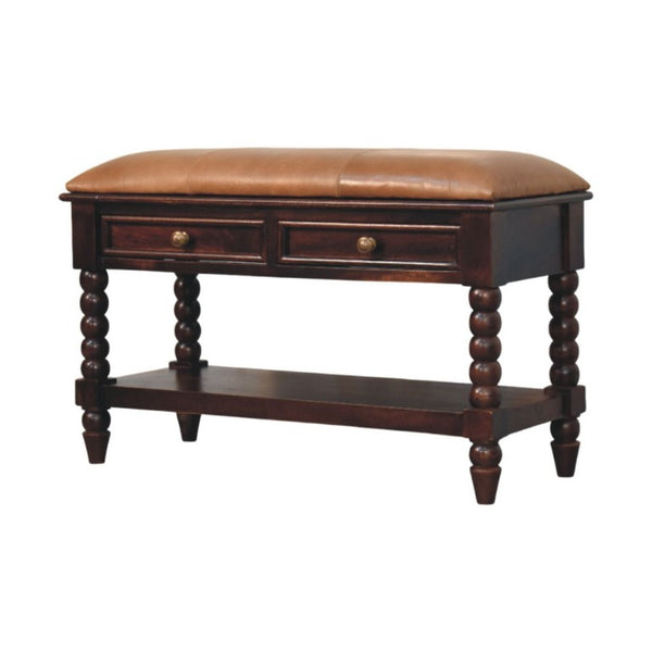 35 Inch Genuine Leather Storage Bench Solid Wood Frame Drawers Shelves Entryway
