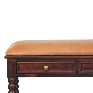 35 Inch Genuine Leather Storage Bench Solid Wood Frame Drawers Shelves Entryway