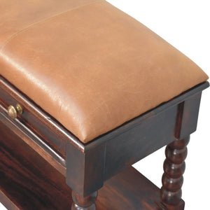 35 Inch Genuine Leather Storage Bench Solid Wood Frame Drawers Shelves Entryway