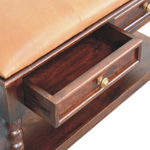35 Inch Genuine Leather Storage Bench Solid Wood Frame Drawers Shelves Entryway
