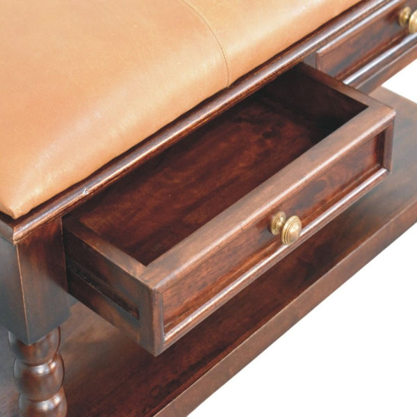 35 Inch Genuine Leather Storage Bench Solid Wood Frame Drawers Shelves Entryway