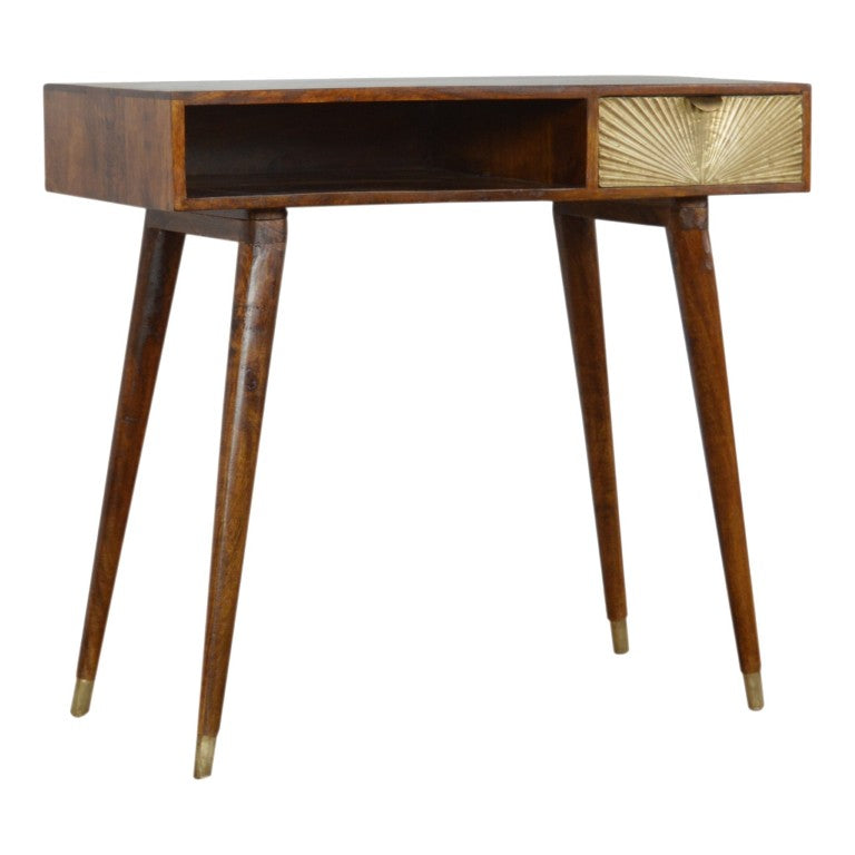 HomeRoots 35 Inch Solid Wood Writing Desk in Rich Brown and Gold for Home Office Use 723448