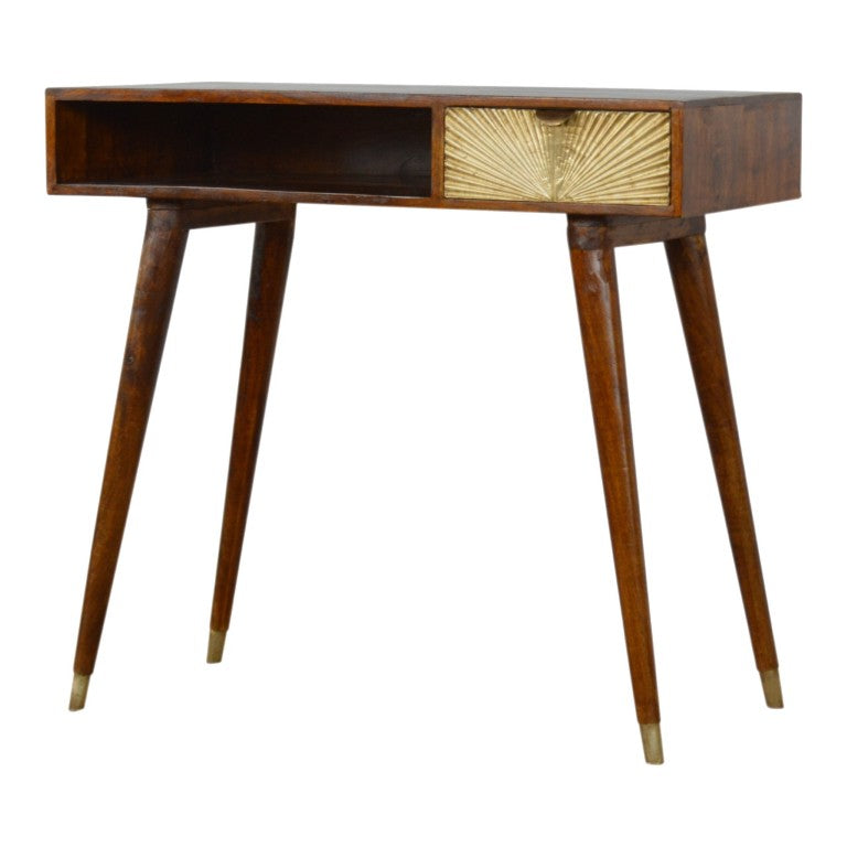 HomeRoots 35 Inch Solid Wood Writing Desk in Rich Brown and Gold for Home Office Use 723448