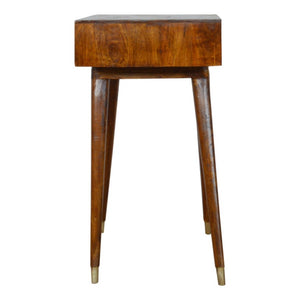 35 Inch Solid Wood Writing Desk in Rich Brown and Gold for Home Office Use