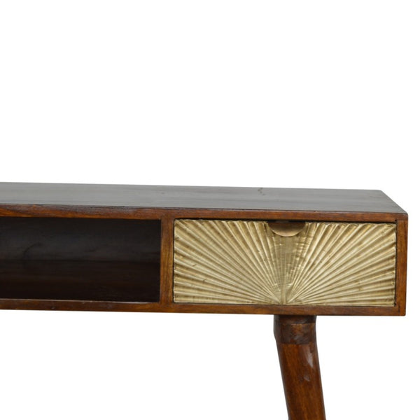 35 Inch Solid Wood Writing Desk in Rich Brown and Gold for Home Office Use