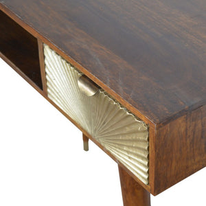 35 Inch Solid Wood Writing Desk in Rich Brown and Gold for Home Office Use