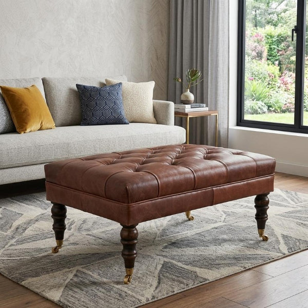 35 Inch Genuine Leather Tufted Ottoman with Brass Rolling Casters for Living Room