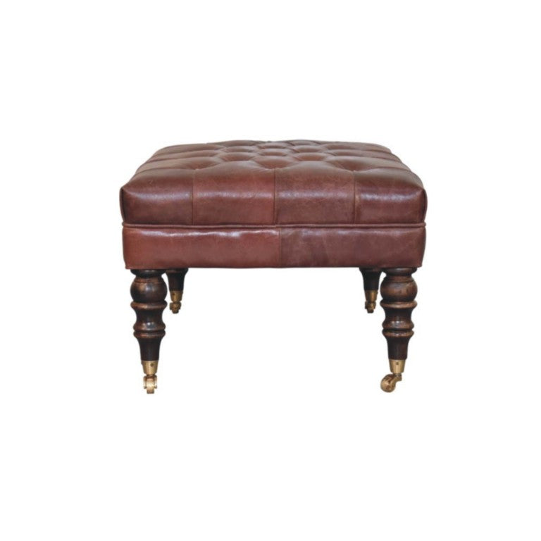 HomeRoots 35 Inch Genuine Leather Tufted Ottoman with Brass Rolling Casters for Living Room 723458