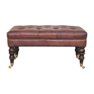 35 Inch Genuine Leather Tufted Ottoman with Brass Rolling Casters for Living Room