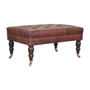 35 Inch Genuine Leather Tufted Ottoman with Brass Rolling Casters for Living Room