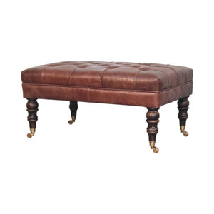 35 Inch Genuine Leather Tufted Ottoman with Brass Rolling Casters for Living Room