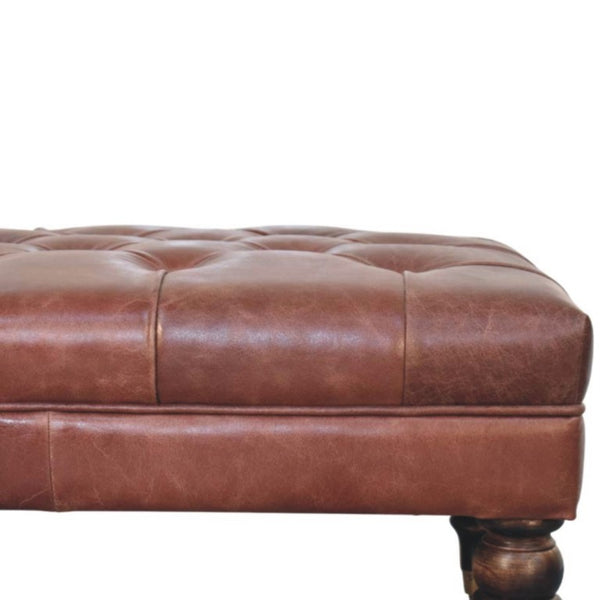 35 Inch Genuine Leather Tufted Ottoman with Brass Rolling Casters for Living Room