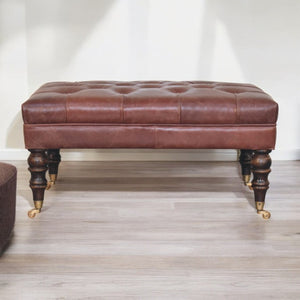 35 Inch Genuine Leather Tufted Ottoman with Brass Rolling Casters for Living Room
