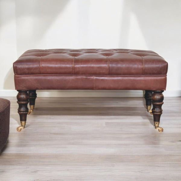 35 Inch Genuine Leather Tufted Ottoman with Brass Rolling Casters for Living Room