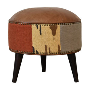 18 Inch Round Footstool with Brown Fabric Top and Genuine Leather Upholstered Base