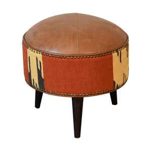 18 Inch Round Footstool with Brown Fabric Top and Genuine Leather Upholstered Base