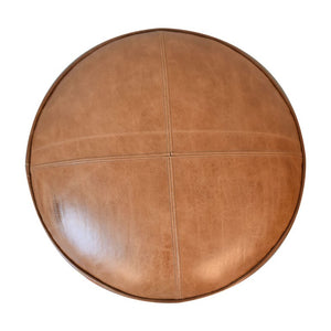 18 Inch Round Footstool with Brown Fabric Top and Genuine Leather Upholstered Base