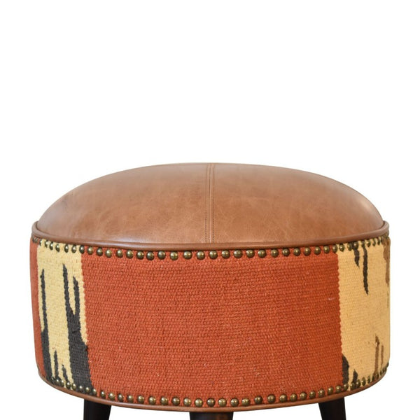 18 Inch Round Footstool with Brown Fabric Top and Genuine Leather Upholstered Base