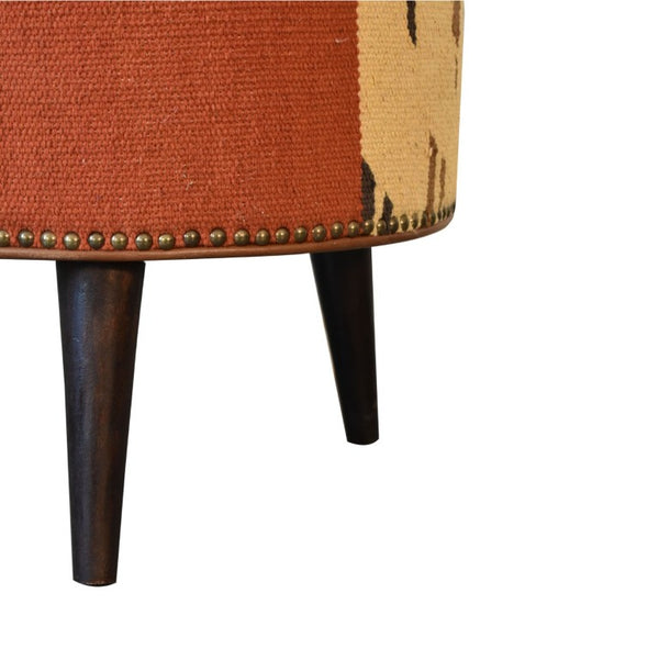 18 Inch Round Footstool with Brown Fabric Top and Genuine Leather Upholstered Base