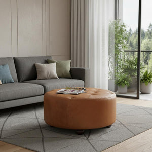 32 Inch Genuine Leather Tufted Round Ottoman Footstool for Living Room Seating
