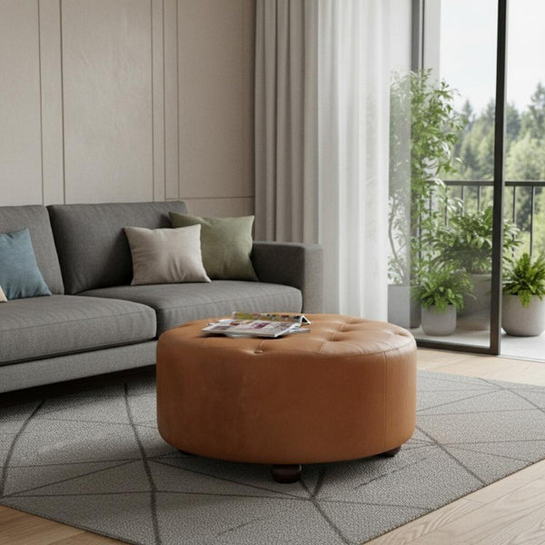 32 Inch Genuine Leather Tufted Round Ottoman Footstool for Living Room Seating