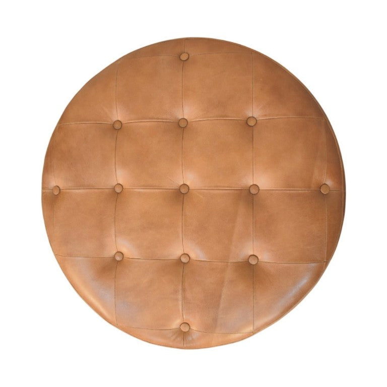 32 Inch Genuine Leather Tufted Round Ottoman Footstool for Living Room Seating
