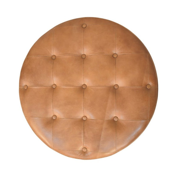 32 Inch Genuine Leather Tufted Round Ottoman Footstool for Living Room Seating