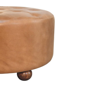 32 Inch Genuine Leather Tufted Round Ottoman Footstool for Living Room Seating