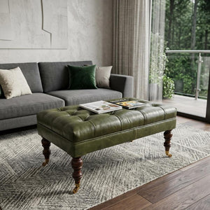 35 Inch Tufted Genuine Leather Ottoman on Wheels Walnut Base Round Living Room Pouf