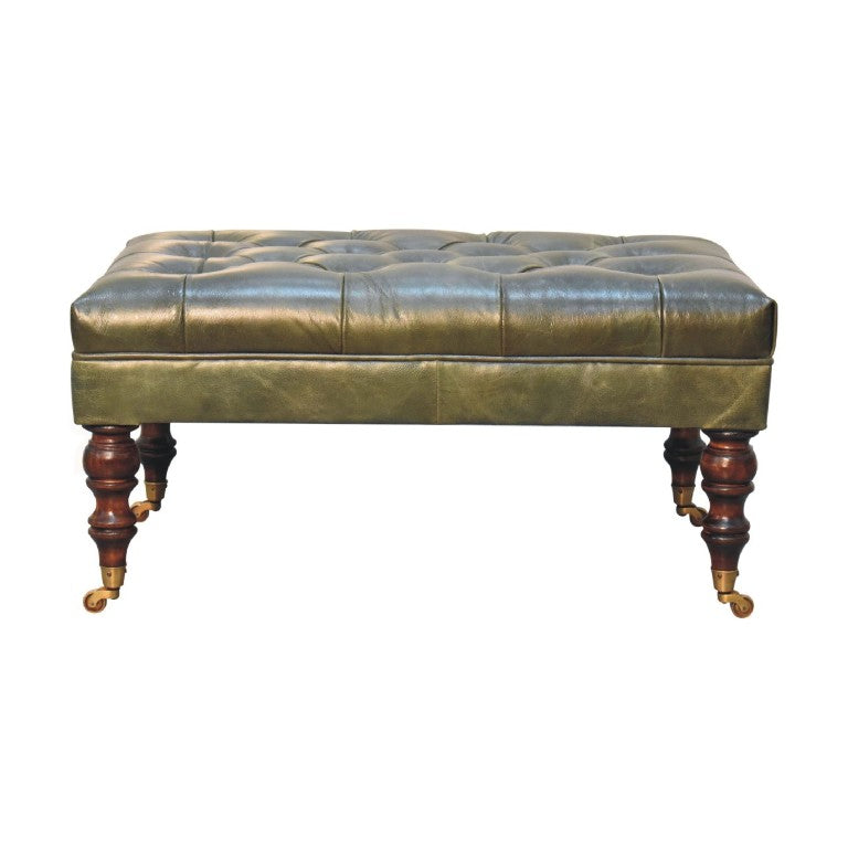 HomeRoots 35 Inch Tufted Genuine Leather Ottoman on Wheels Walnut Base Round Living Room Pouf 723466