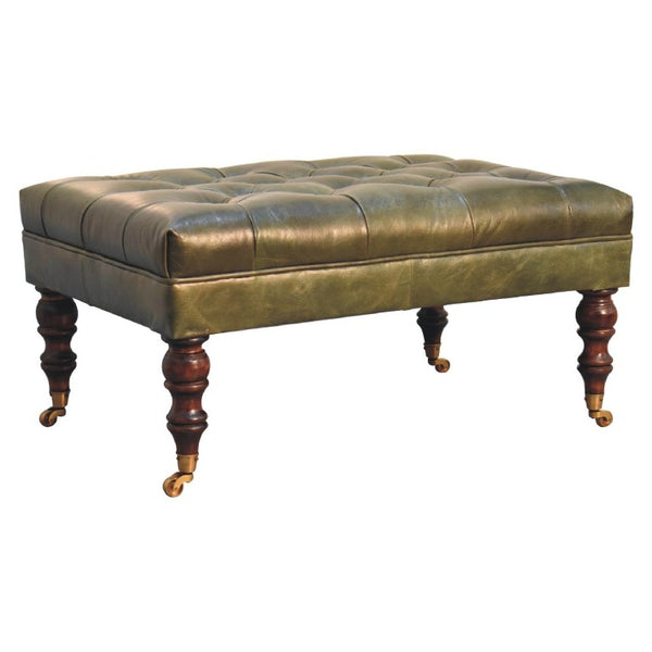 35 Inch Tufted Genuine Leather Ottoman on Wheels Walnut Base Round Living Room Pouf