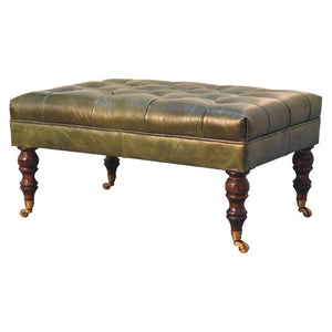 35 Inch Tufted Genuine Leather Ottoman on Wheels Walnut Base Round Living Room Pouf