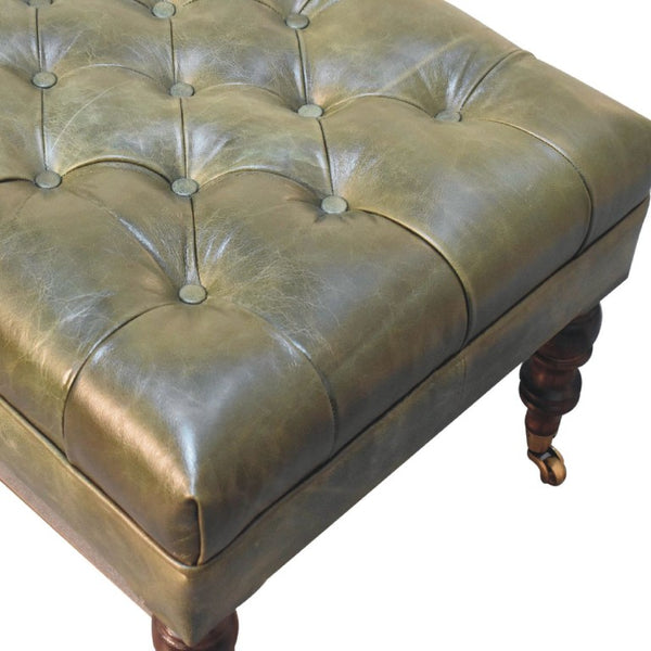35 Inch Tufted Genuine Leather Ottoman on Wheels Walnut Base Round Living Room Pouf