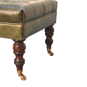 35 Inch Tufted Genuine Leather Ottoman on Wheels Walnut Base Round Living Room Pouf