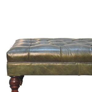 35 Inch Tufted Genuine Leather Ottoman on Wheels Walnut Base Round Living Room Pouf