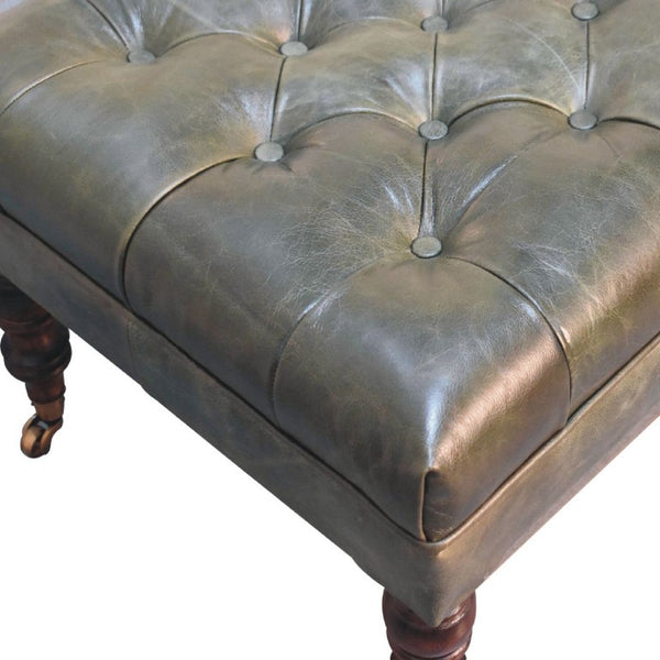 35 Inch Tufted Genuine Leather Ottoman on Wheels Walnut Base Round Living Room Pouf