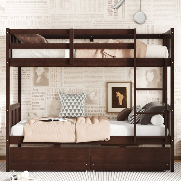 English Elm Twin Over Rubberwood Bunk Bed Convertible with Storage Drawers and Safety Rails W504S00298