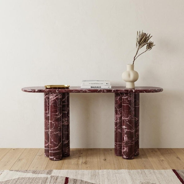 60 Inch Genuine Marble Oval Top Dual Pedestal Entryway Console in Rich Red